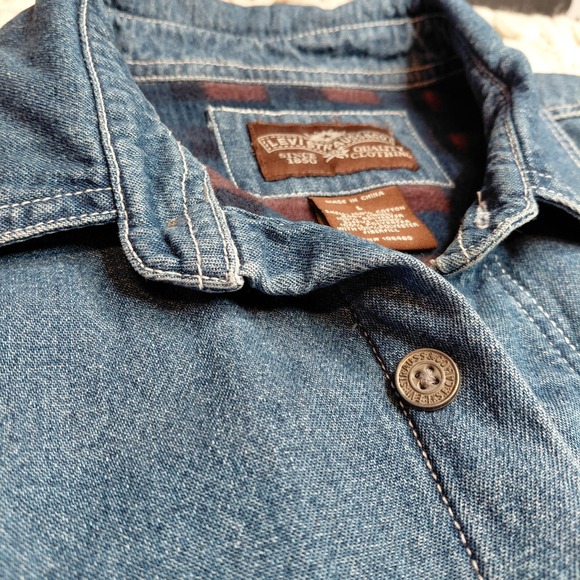 Levi Strauss Shirt Jacket Mens L Blue Denim Flannel Plaid Lined Shacket Quilted - Picture 6 of 14